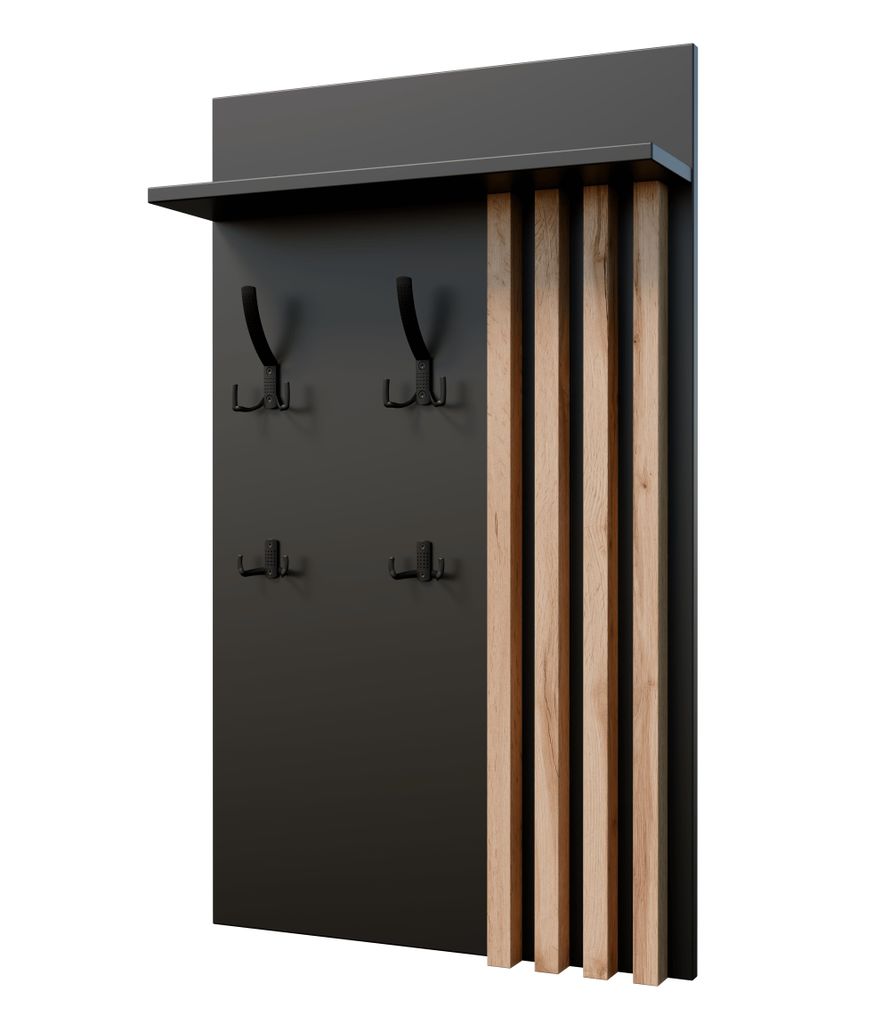 Wandgarderobe mit Haken 100x60cm, Lamellen, Schwarz, Eiche Wotan, Kleiderbügel
