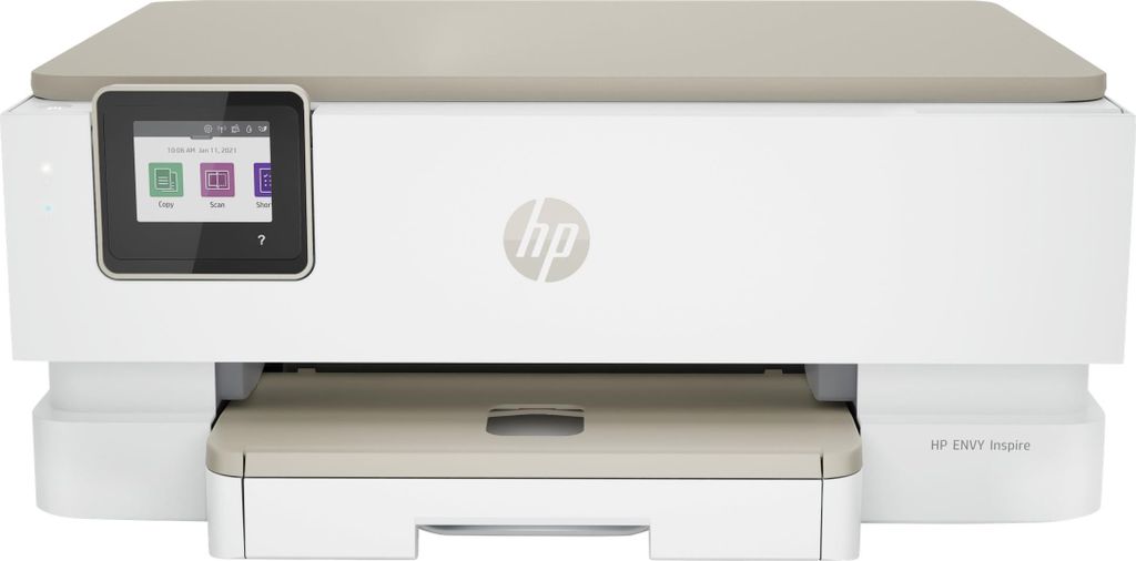 A front view of a white and beige HP ENVY Inspire 7224e multifunction printer against a white background.