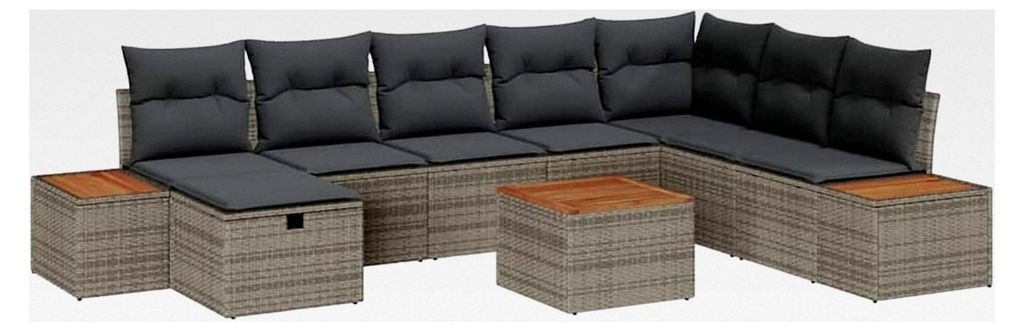 9-teiliges Garten-Sofa-Set mit Kissen in Grau aus Poly-Rattan