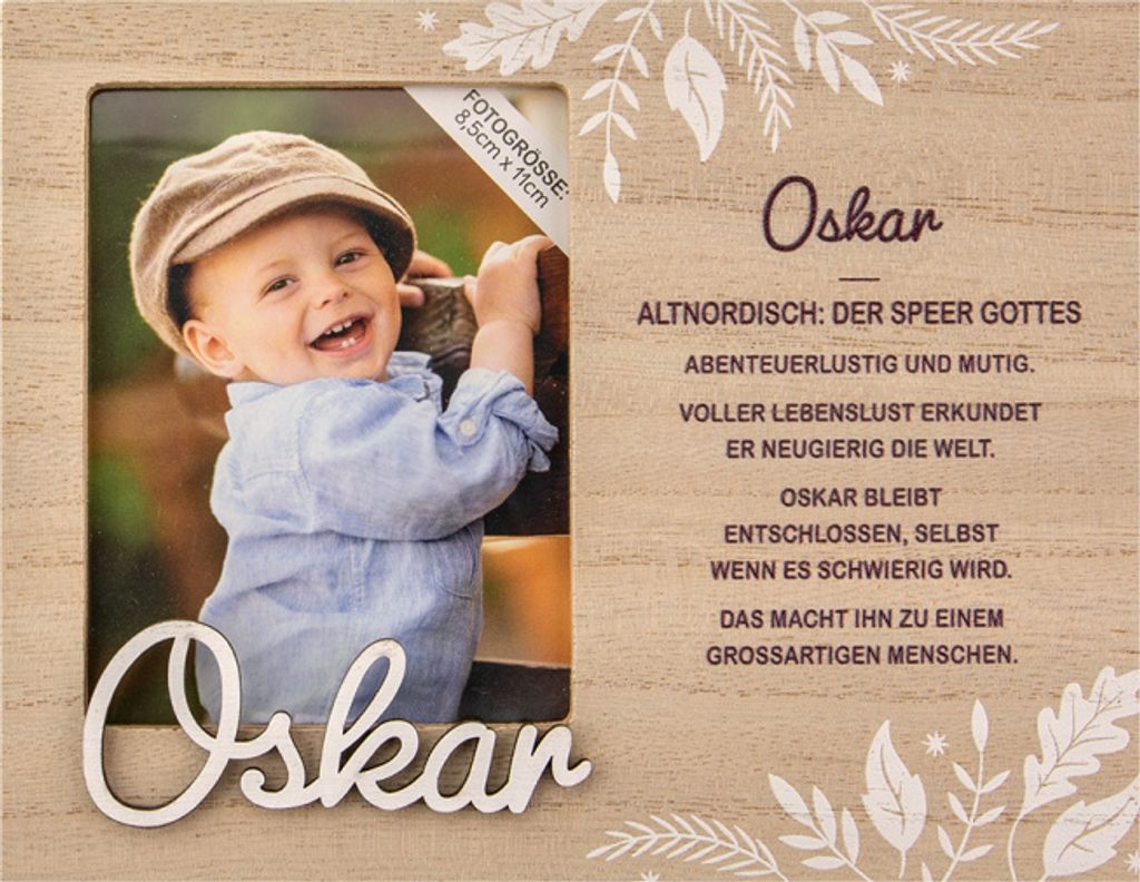 Personalisierter Bilderrahmen für Erwachsene, Kinder, Babys in Holzoptik mit Spruch -Bilderrahmen Oskar