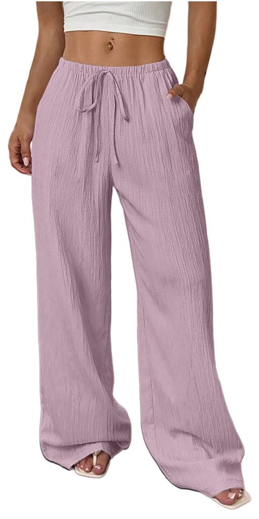 ASKSA Damen Weite Bein Hose Leichte Sommerhose Einfarbig Elegante Musselin Freizeithose Strandhose mit Taschen (Rosa,M)