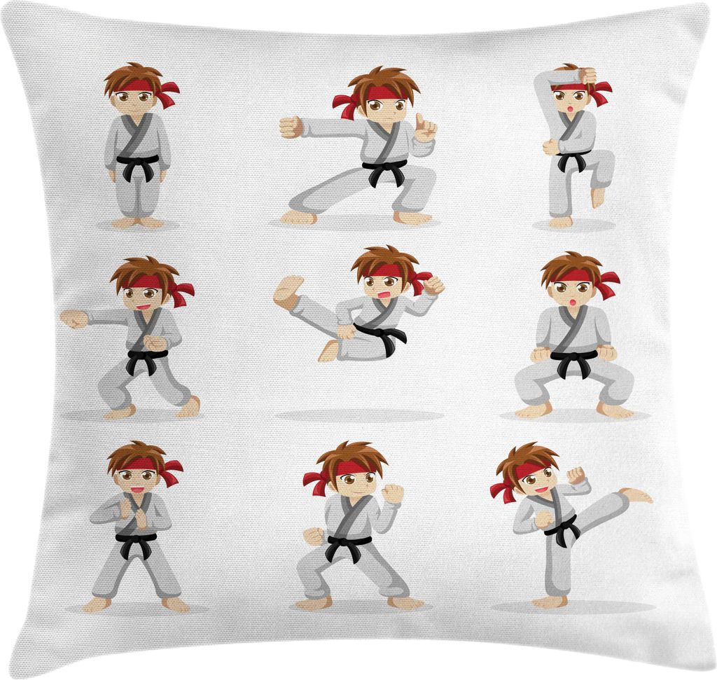 ABAKUHAUS Karate Kissenbezug, Martial Arts Performer Jungen-Karikatur in verschiedenem Kampf Poses, 50 x 50 cm, Beige