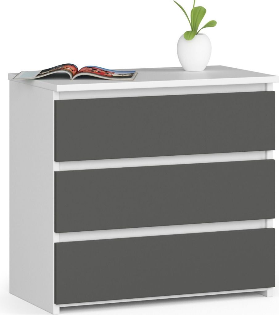 Nachttisch AKORD CL3 in der Farbe Weiß mit 3 Schubladen Front Graphitgrau B60 x H57 x T35 cm