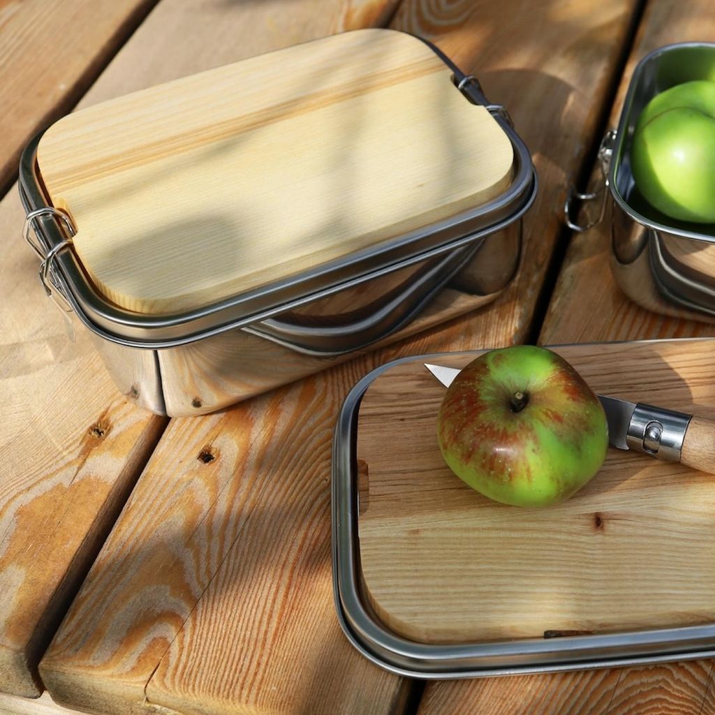 Lunchbox aus Edelstahl 1200 ml mit Holzbrettchen, Wasserdichte Brotdose mit Bügelverschluss, Ahorn