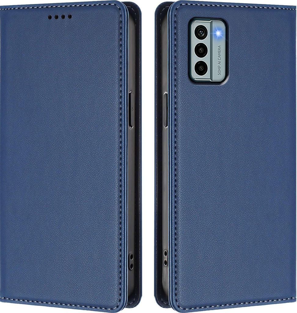 A dark blue flip case for a smartphone is shown from two angles, open and closed.