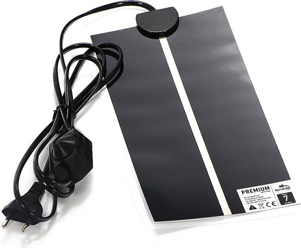 A black reptile heating mat with a white stripe down the center, connected to a black power cord and plug.
