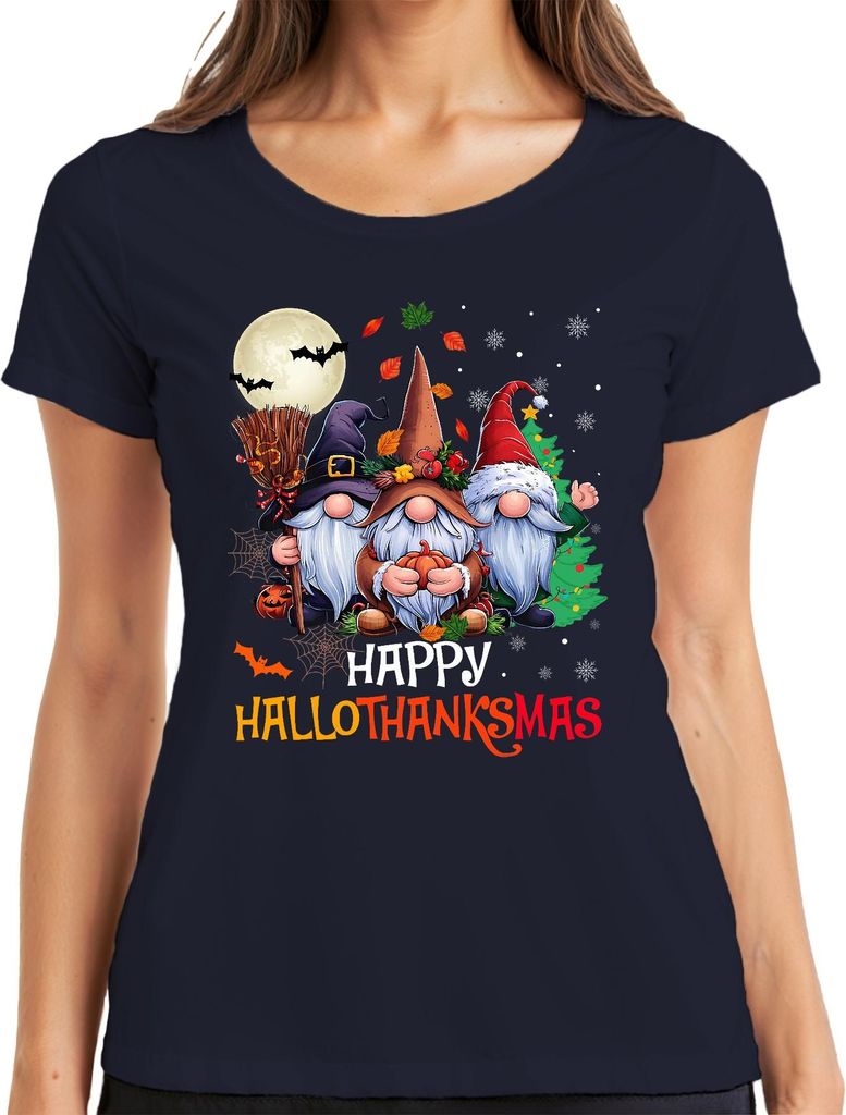 Happy Hallothanksmas Gnom Halloween Erntedank Weihnachten Vintage Damen T-Shirt, Navy, S