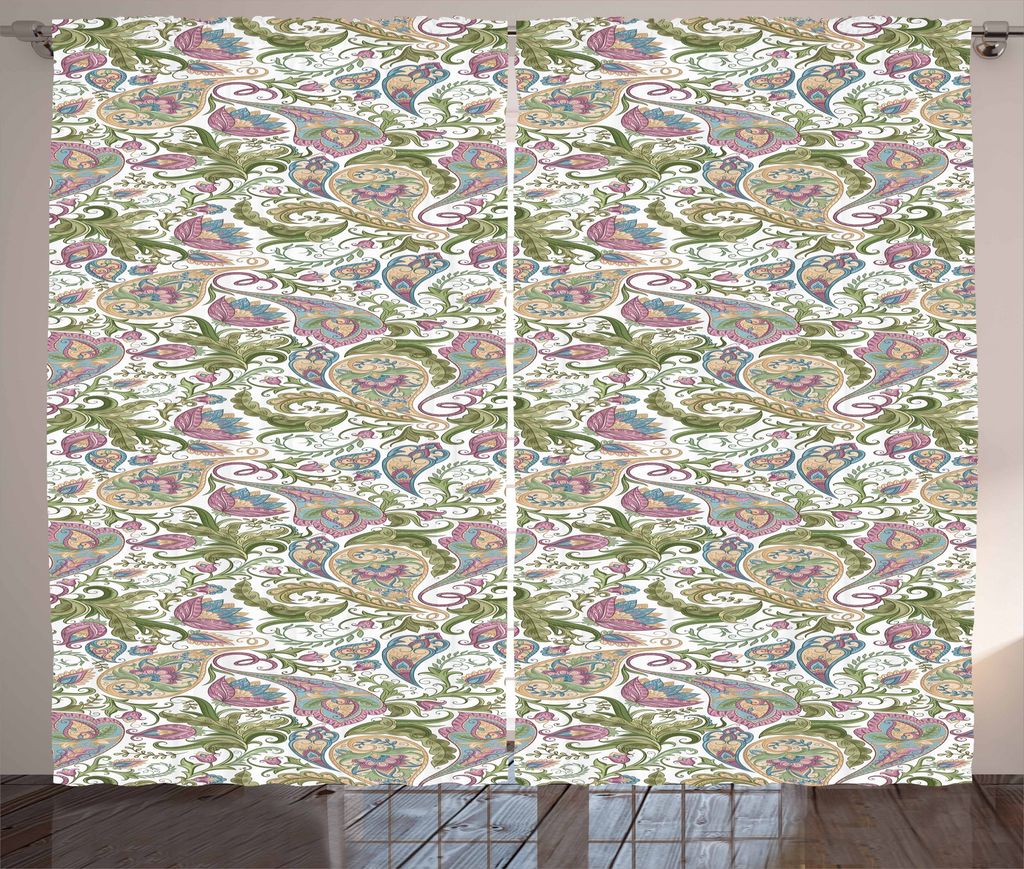 ABAKUHAUS Paisley Rustikaler Gardine, Vintage Style Floral, Schlafzimmer Kräuselband Vorhang mit Schlaufen und Haken, 280 x 175 cm, Grün Weiß Lila