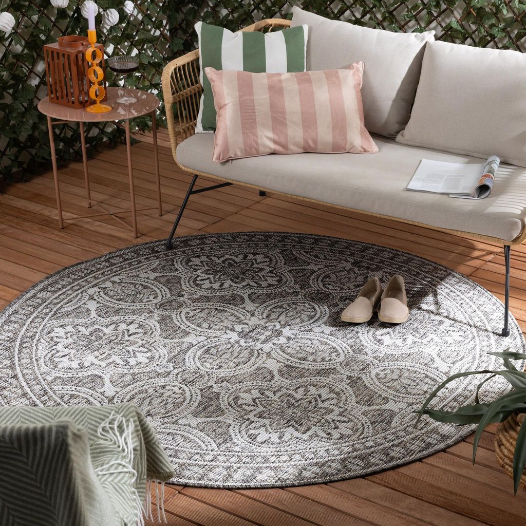 Volero - Outdoor Teppich Rund - Summer Oriental Grau - Ø 240 cm - Balkon, Garten, Terrasse - Modern, Retro