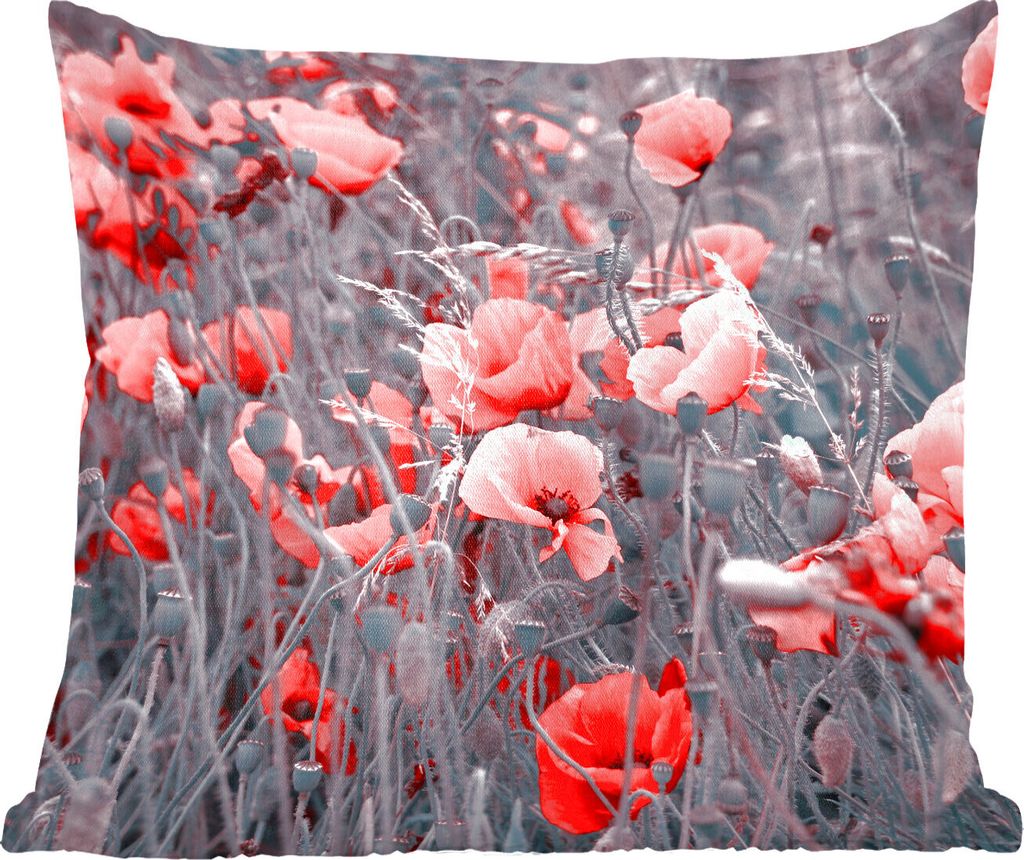 MuchoWow Zierkissen Sofakissen Wohnzimmer Dekokissen 40x40 cm Rote Mohnblumen in einem Schwarz-Weiß-Bild - Foto Kissen - Schlafzimmer Dekoration