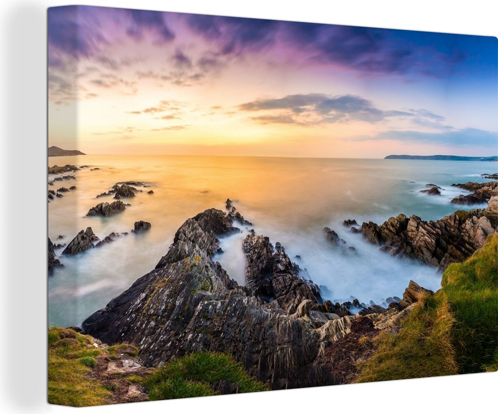 OneMillionCanvasses - Leinwandbilder - 140x90 cm, Sonnenuntergang - Horizont - Wasser - Landschaft - Blau, Wandbilder Kunstdruck Wanddekoration -...