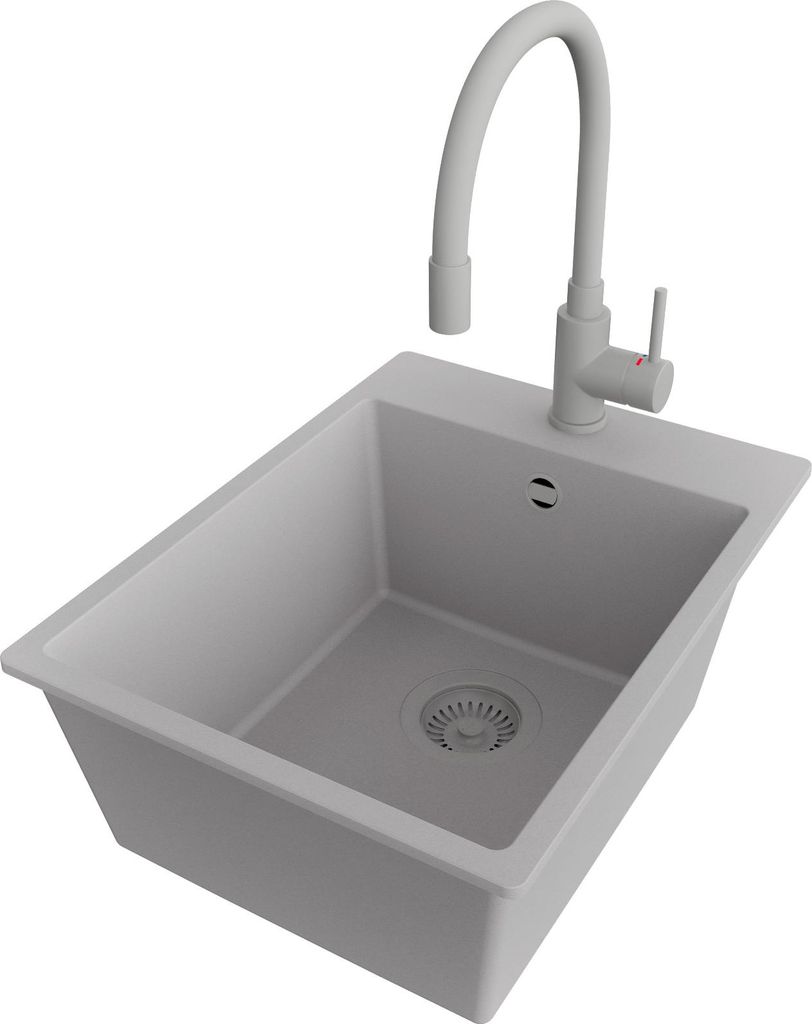 PRIMAGRAN Granitspüle Grau 38x50cm, Spülbecken 1 Becken + Küchenarmatur 38x14cm + Ablauf-Set, Küchenspüle ab 40er Unterschrank - Riga