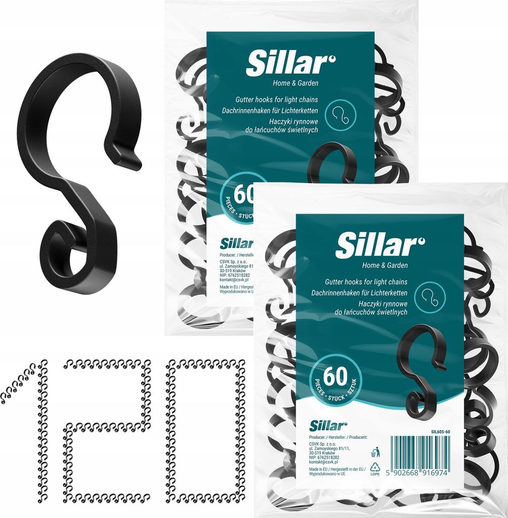 Two packages of Sillar gutter hooks for light chains are shown, along with a single hook and a decorative arrangement of hooks forming the numbers '120'.