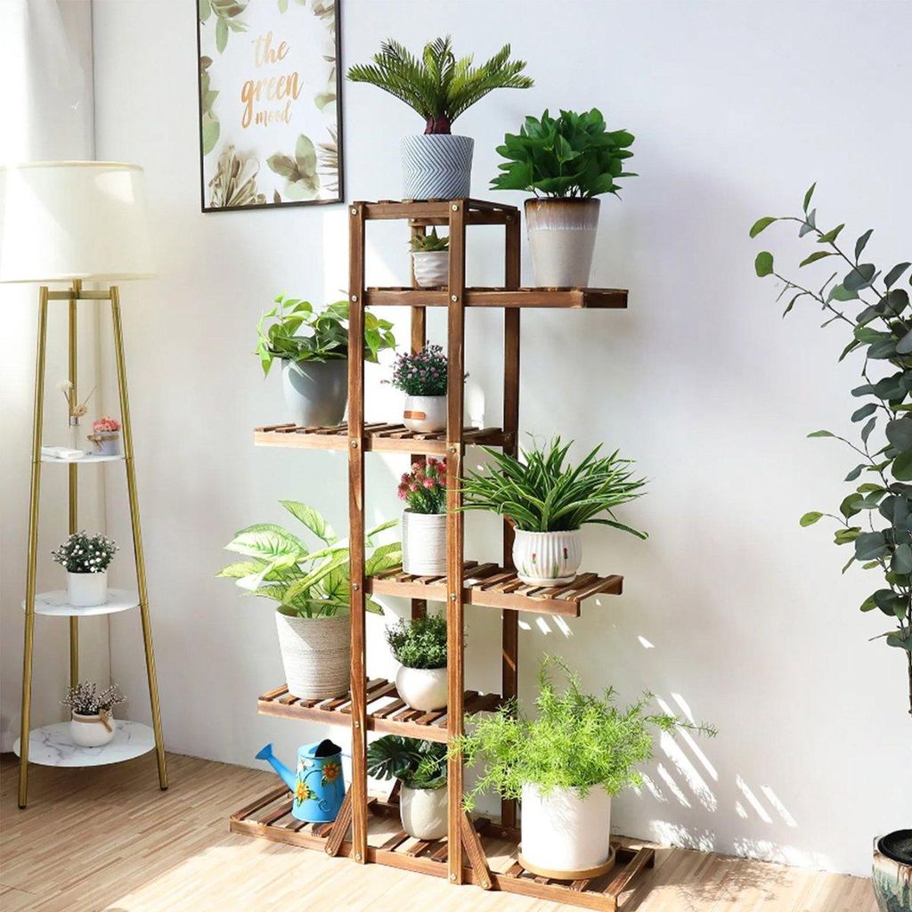 Happyment Pflanzenständer Holz – Blumenregal für Innen & Außen – Garten-Etagere – Treppenregal 131 cm