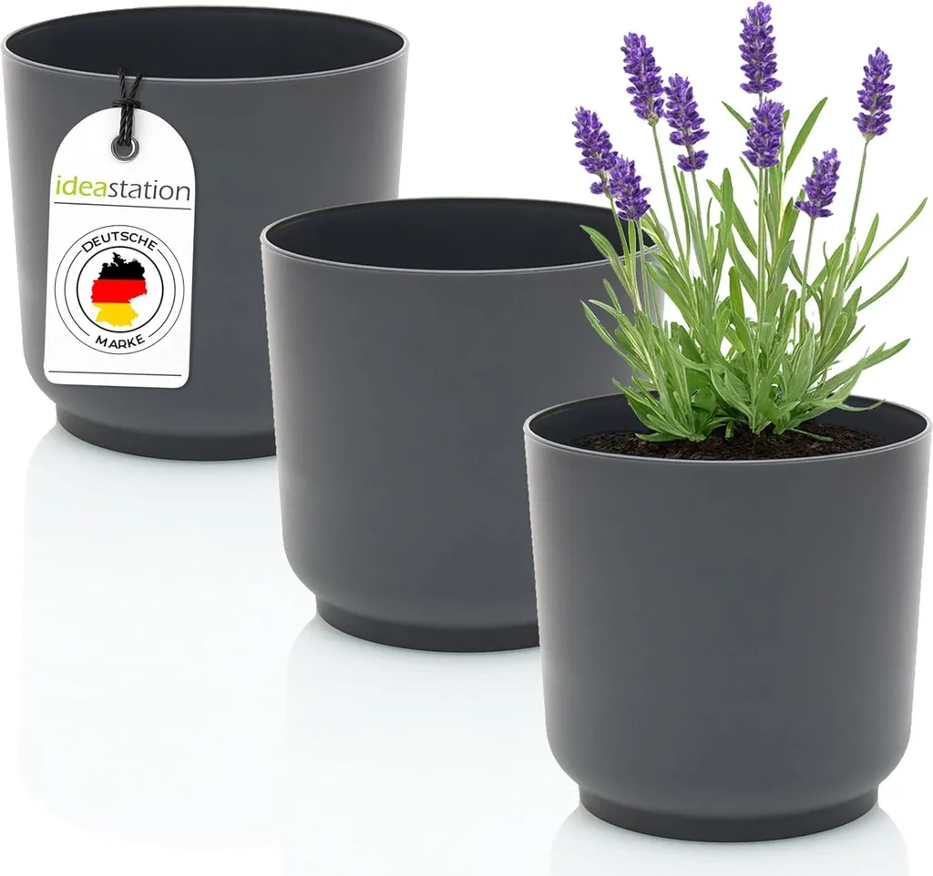 Set de 3 pots de fleurs 15 cm anthracite en plastique incassable
