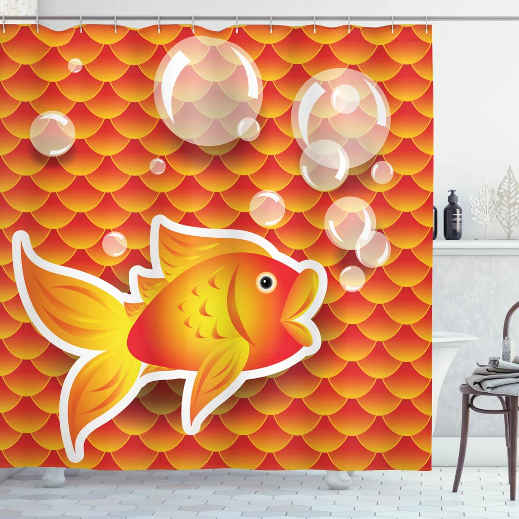 ABAKUHAUS Tenda da doccia arancione, Cartoon Goldfish Blase, stampa digitale su tessuto, incl. 12 ganci, resistente al lavaggio, resistente ai batteri, 175 x 180 cm, arancione bruciato