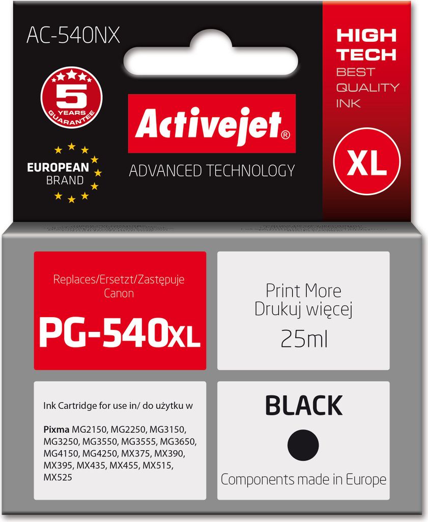 Activejet AC-540NX Tinte für Canon Drucker (Ersatz für Canon PG-540XL) Supreme, 25 ml, schwarz