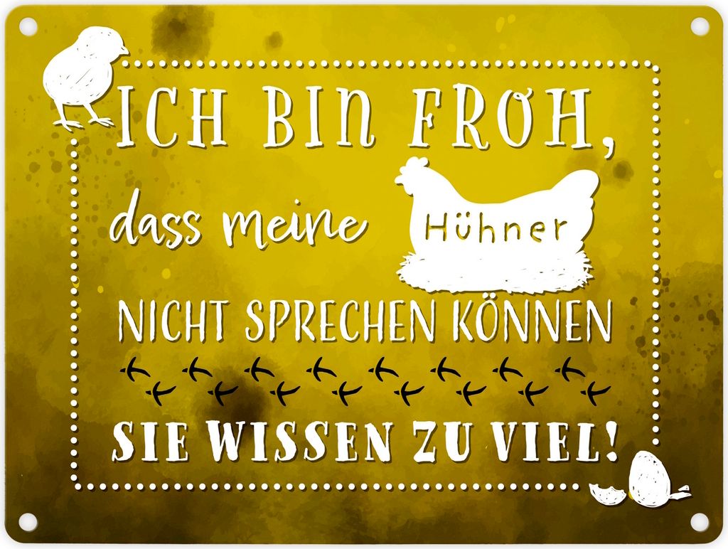 Metallschild in 15x20 cm mit lustigem Spruch - Hühner - sie wissen zu viel