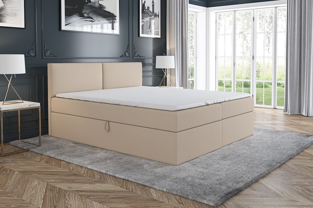 Boxspringbett UNN 200x200 mit 2 Bettkästen, Bonell-Matratze und Topper. Farbe: Beige.