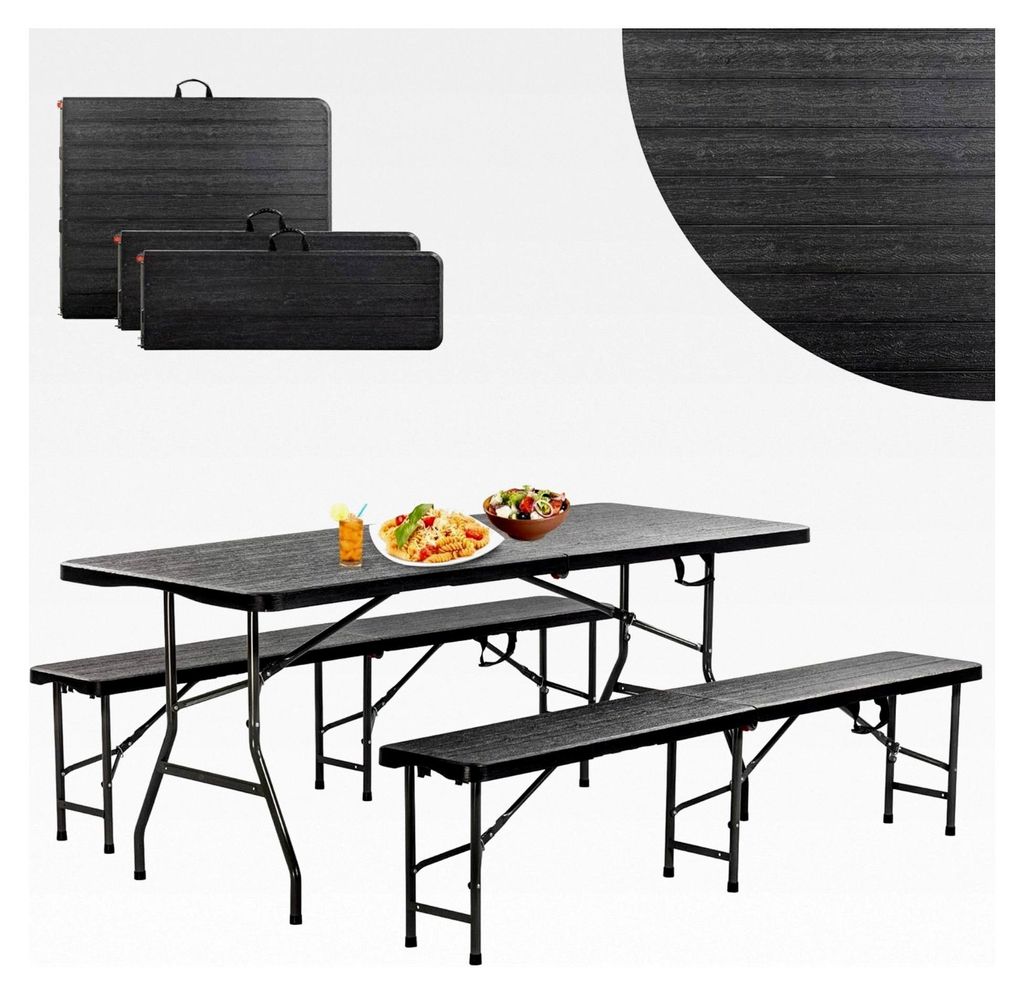 Bierzeltgarnitur 3-teiliges Set | Tisch + 2 Bänke | Für Innen und Außen | Klappbar mit Tragegriffen | HxBxT: 73x180x75cm | Gartentisch