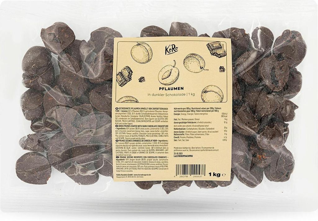 A clear, well-lit image of a bag of plums coated in dark chocolate, with a label showing product information and illustrations.