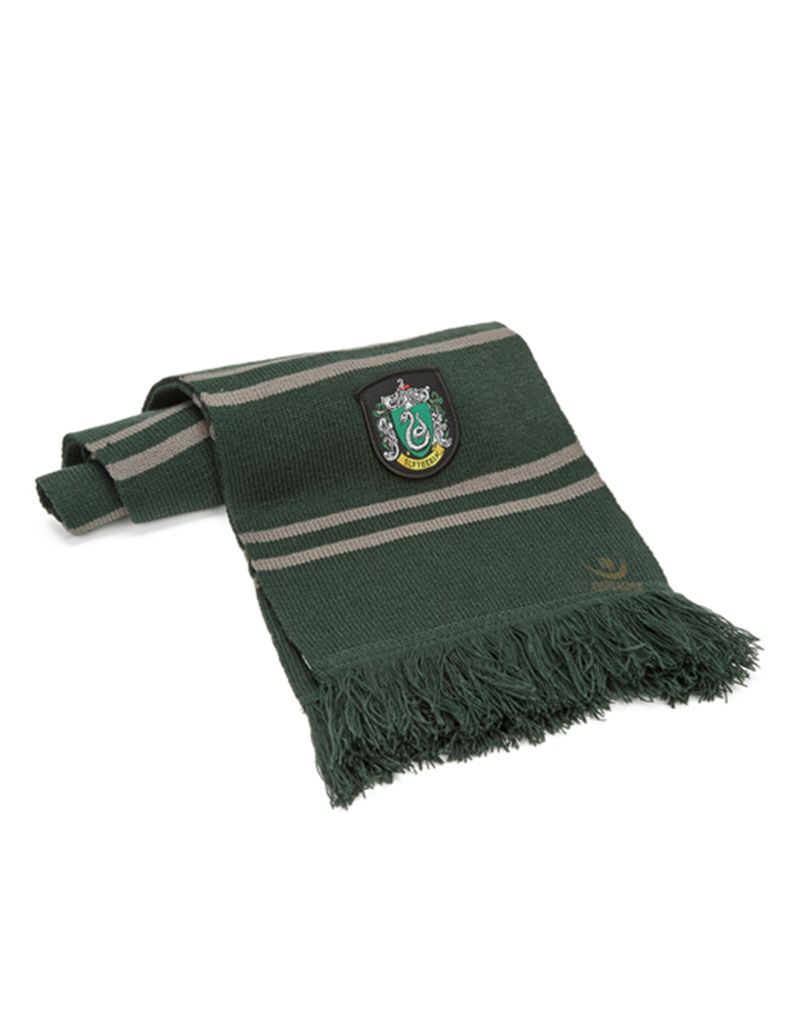 A Harry Potter Slytherin scarf is displayed against a white background.