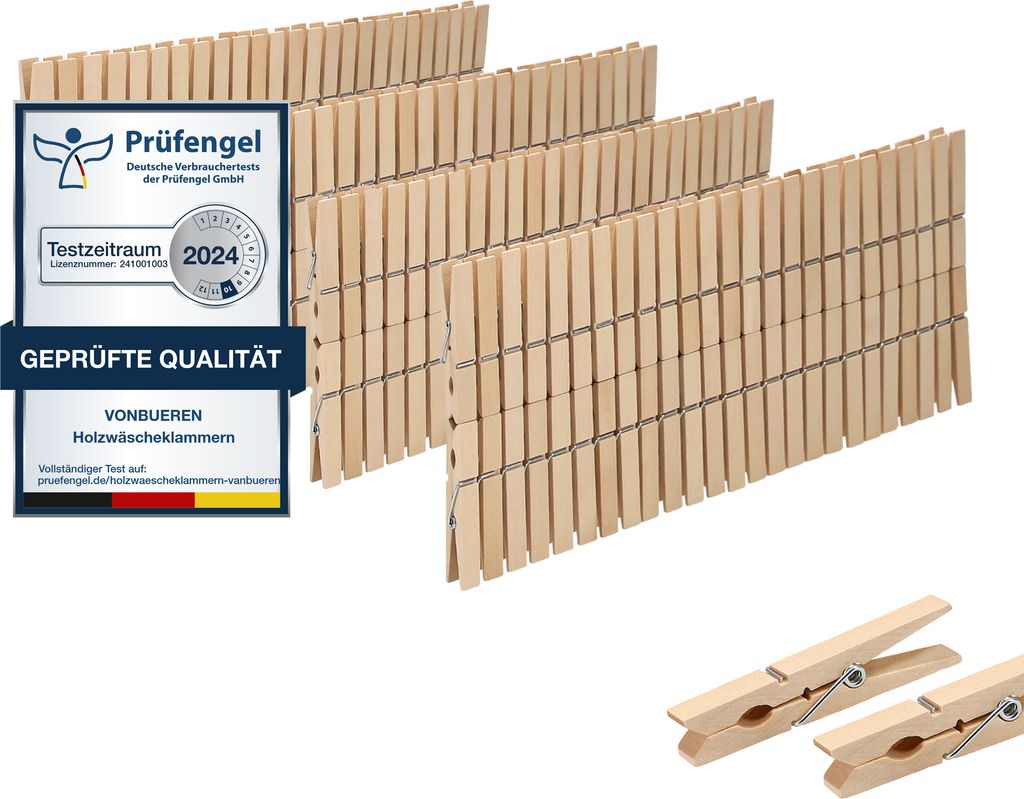 VonBueren 200 x Wäscheklammern Holz groß | 7,2 cm | Holzwäscheklammern
