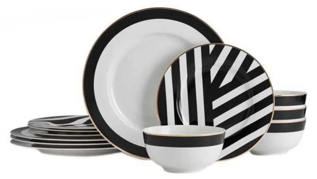 Mikasa Luxe Deco Geschirr de Porzellan de 12 Teile, Service für 4 mit geometrischem Druck, 4x Speiseteller, 4x Dessertteller & 4x Schalen - Spülm...