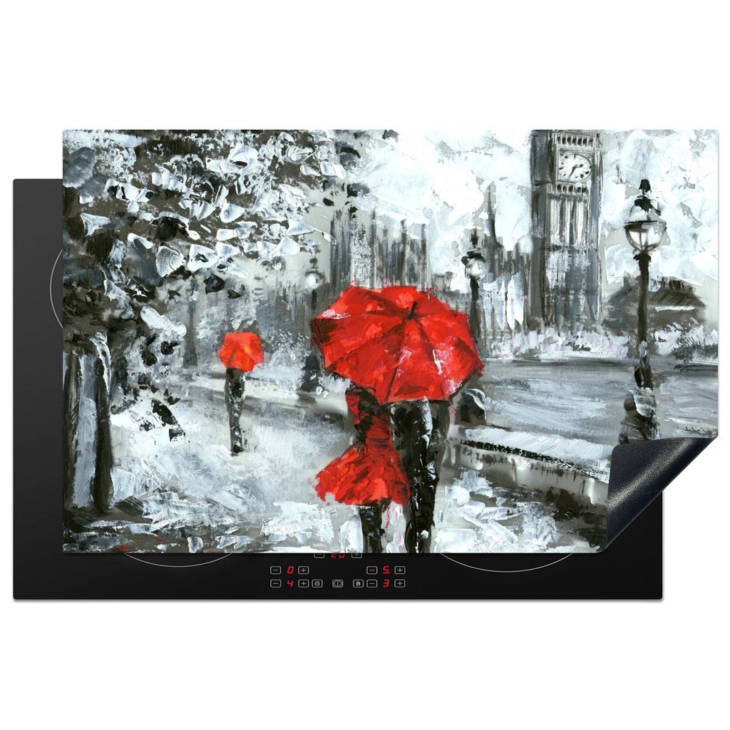 KitchenYeah Herdabdeckplatte Stadt - Rot - London - Schwarz und weiß , 81x52cm, Küche Deko, Glaskeramikkochfeld Herdabdeckung, Abdeckplatte fù...