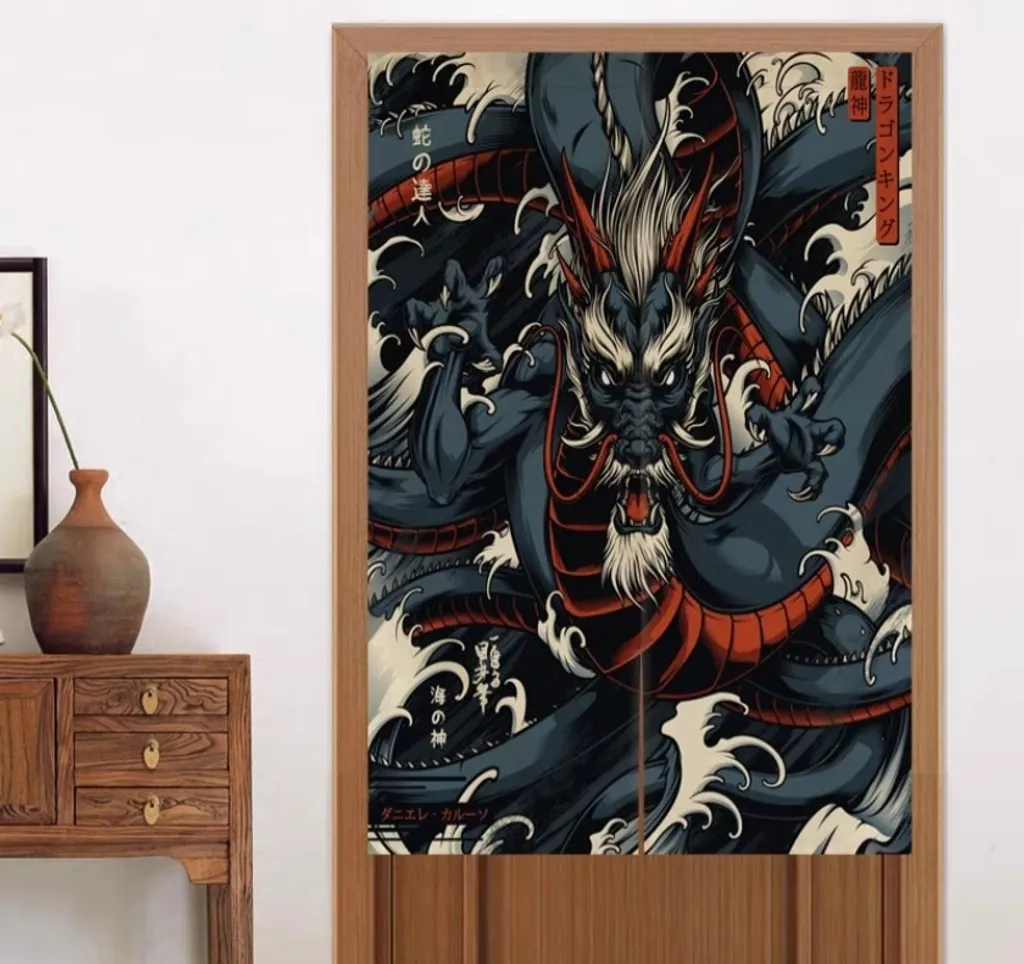 Rideau Japonais Noren Traditionnel Dragon Bleu 80x130 cm Déco Zen Home