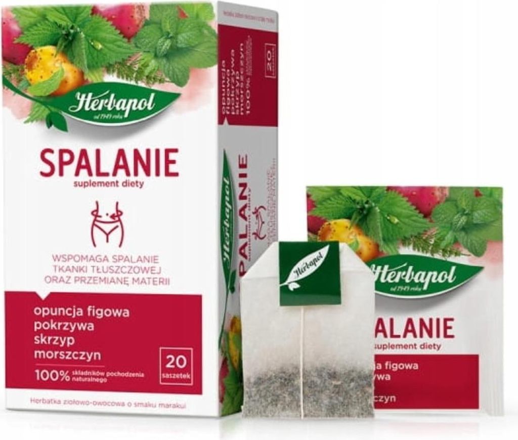 A box of Herbapol tea bags with some individual tea bags in front.