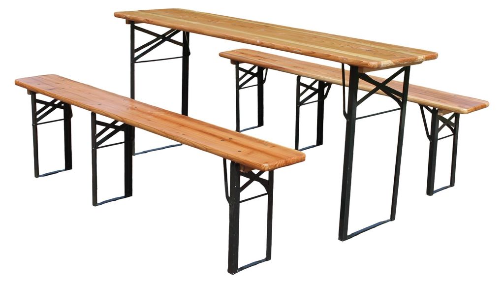 Faltbare Bierzeltgarnitur 177 cm, 3-teilig: 1 Klapptisch + 2 Bierbänke, wetterfeste Kiefer massiv, platzsparend, Biertischgarnitur Festzeltgarten