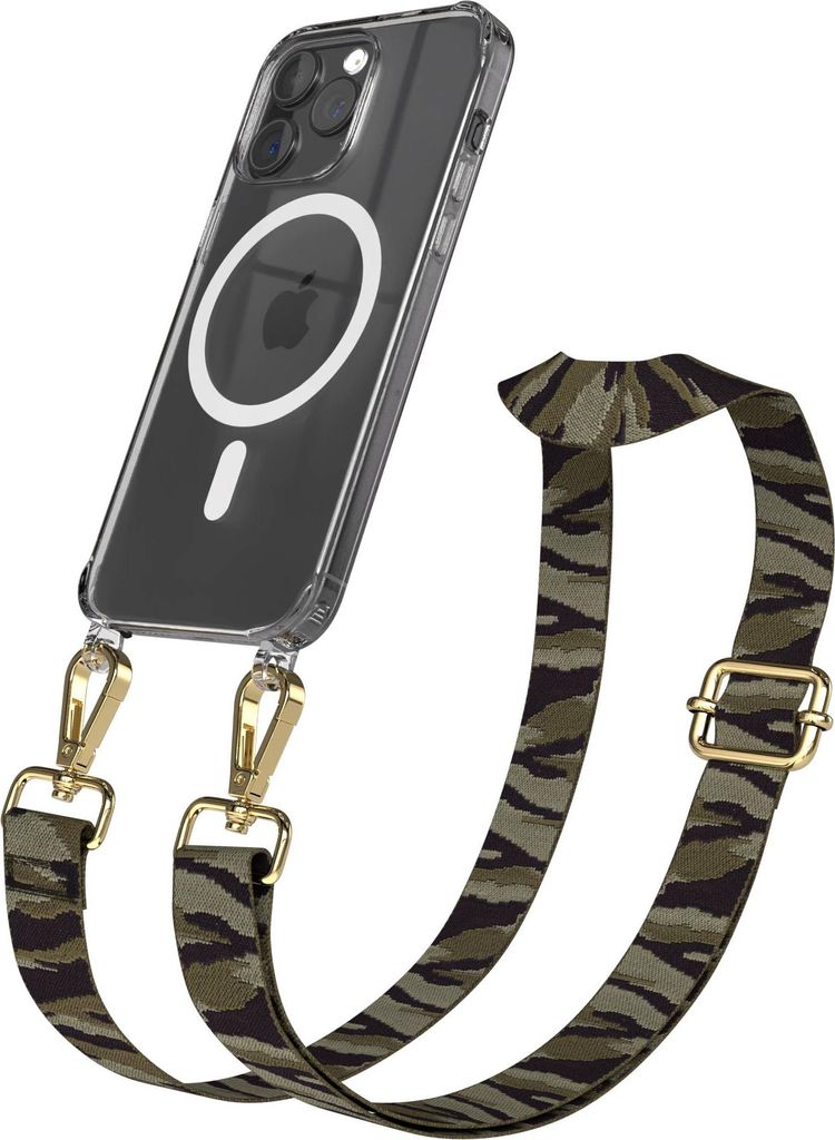 EAZY CASE - Handykette mit MagSafe Hülle für Apple iPhone 15 Pro Max, Handyband Camouflage Style, Karabiner Gold, Umhängeband in Grün