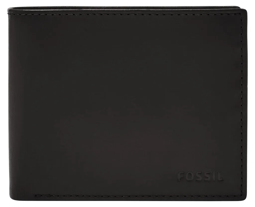 Fossil Derrick RFID Large Coin Pocket Bifold Noir en Cuir Véritable