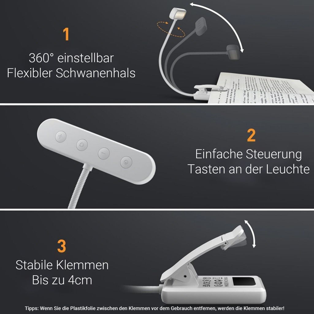 Lampada Da Lettura A Collo LED Con Dimmer – 3 Temperature Colore, Regolabile, Per Leggere A Letto, Uncinetto E Riparazioni (Nero)