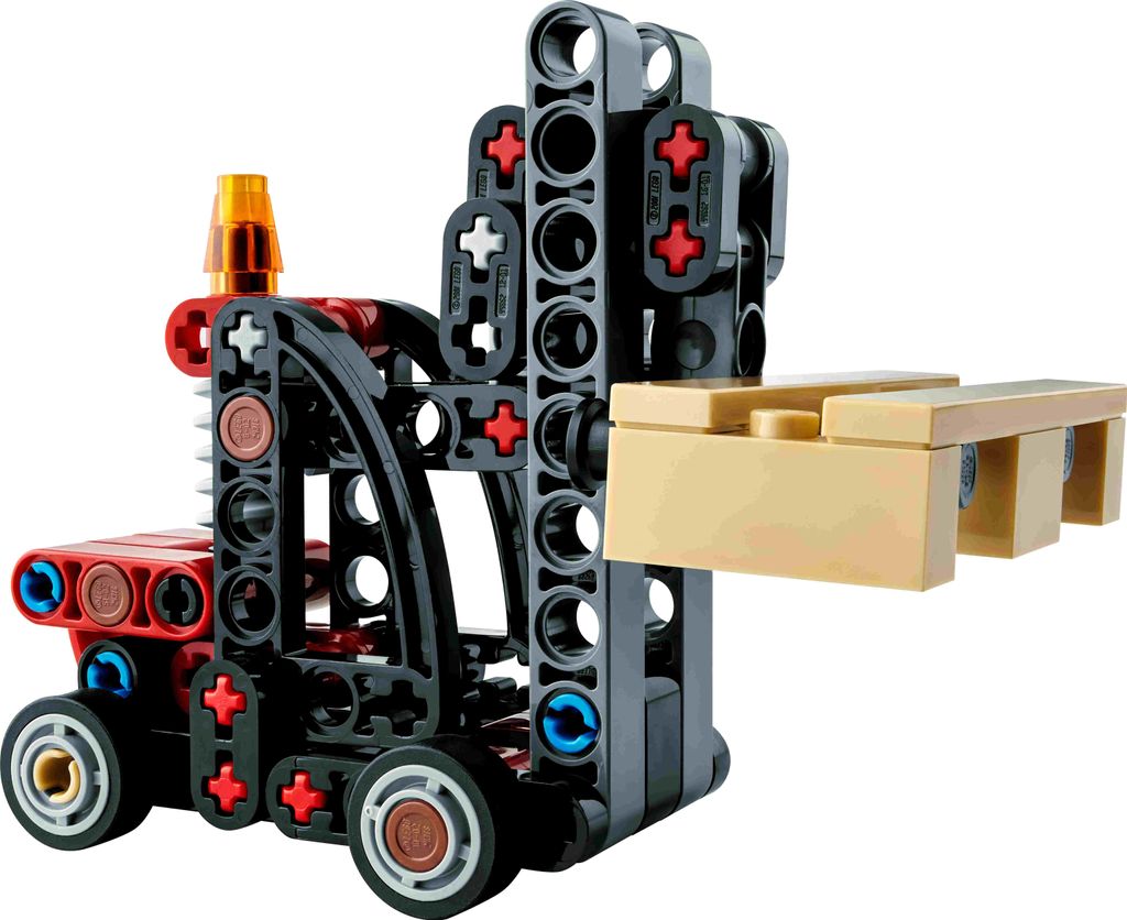 A LEGO Technic forklift with a pallet.