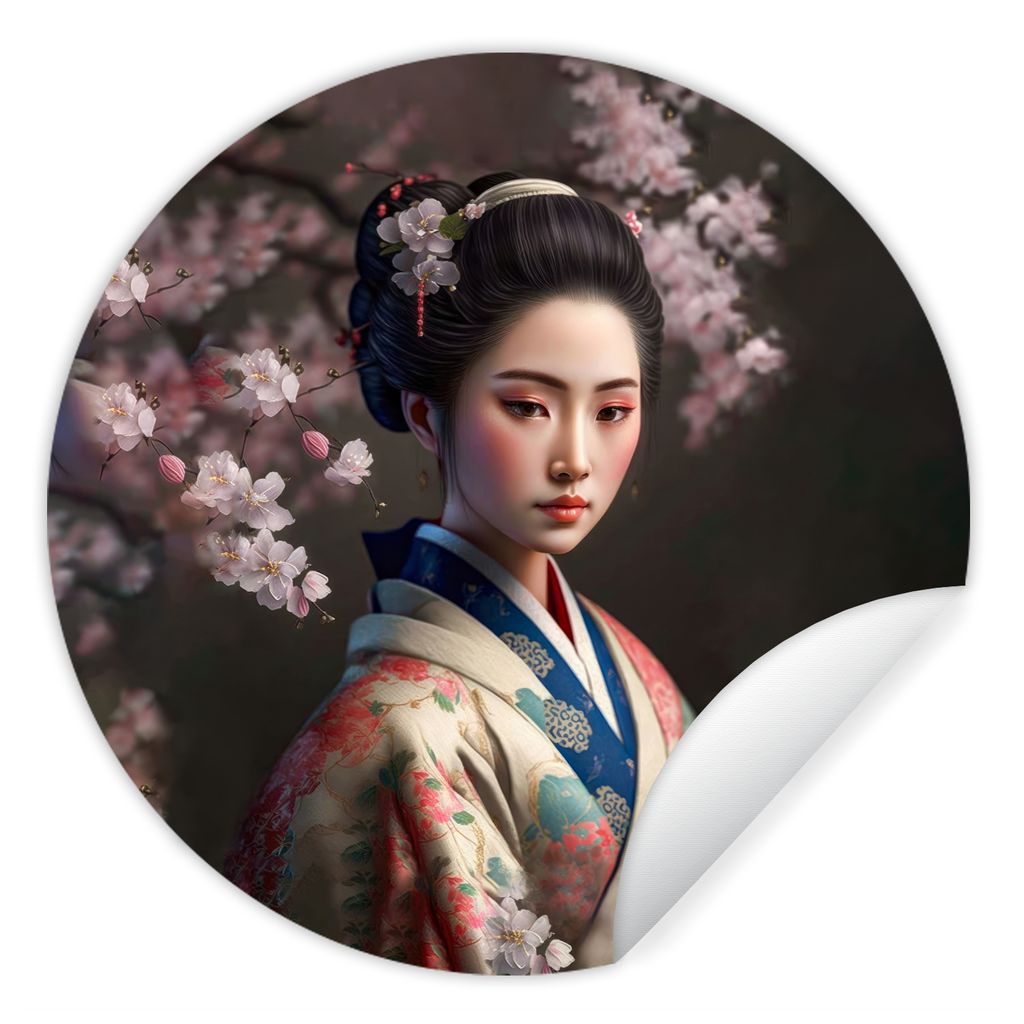 MuchoWow Runde Wandtattoo - Wandsticker Tapete Aufkleber Frau - Sakura - Kimono - Asiatisch - Porträt Ø 50 cm Selbstklebend und Repositionierba...