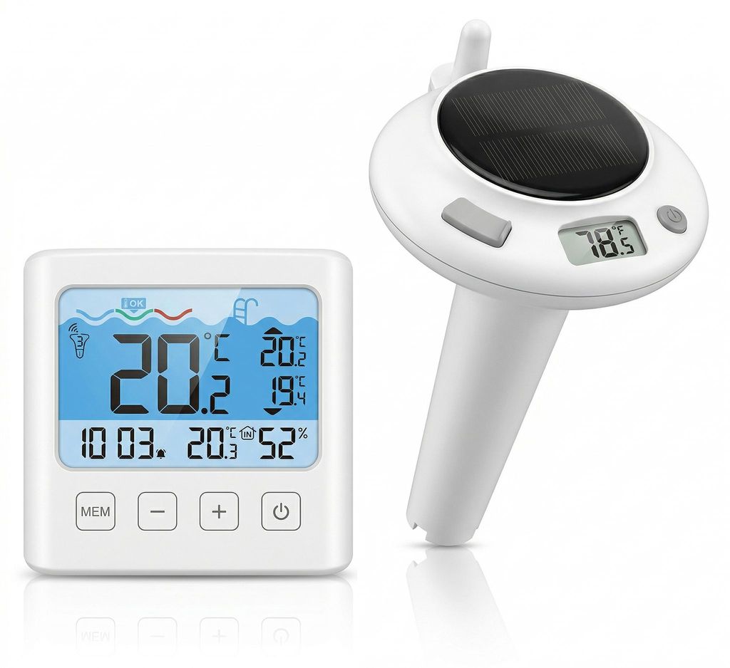 BEARWARE Poolthermometer mit Wetterstation, Schwimmthermometer, Funk, digital, Basisstation, USB-C-Ladekabel & Seil, Wassertemperatur, Luftfeuchte,...