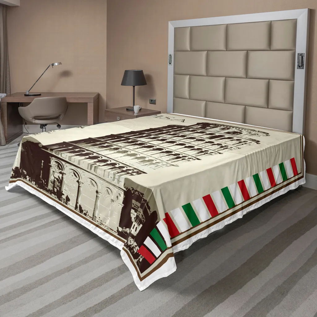 ABAKUHAUS Lenzuolo Pisa, illustrazione in stile vintage con simboli italiani e linee nei colori delle bandiere nazionali, lenzuolo morbido e confortevole per un letto decorativo 1 pezzo 275 cm x 260 cm, multicolore