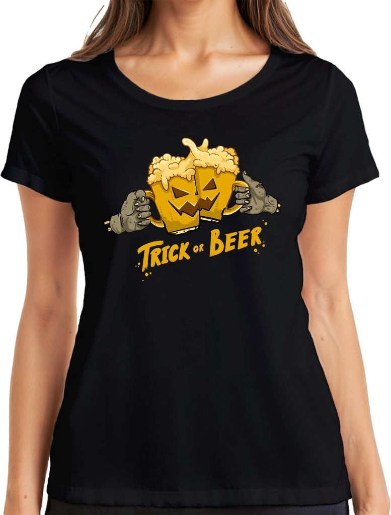Trick or Beer Halloween Bier Kürbis Zombie Hände Prost Lustig Damen T-Shirt, Schwarz, L