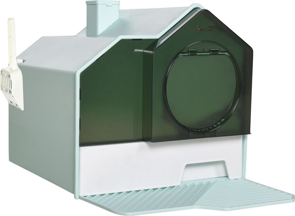 Katzentoilette Katzenklo. Hš¹tten-Design. 1 Siebvorleger. 1 Streuschaufel. herausnehmbare Bodenwanne. Grš¹n + Wei?