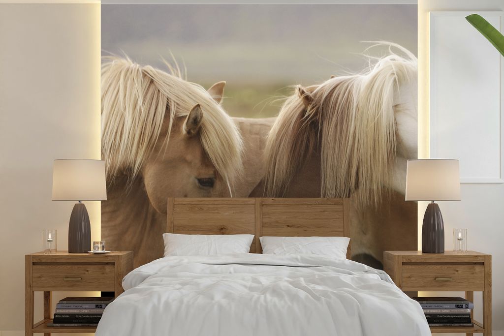 MuchoWow Fototapete für Wohnzimmer oder Schlafzimmer Wandtapete Vinyl Motivtapete Pferde - Gras - Braun - 300x300 cm - Wanddekoration