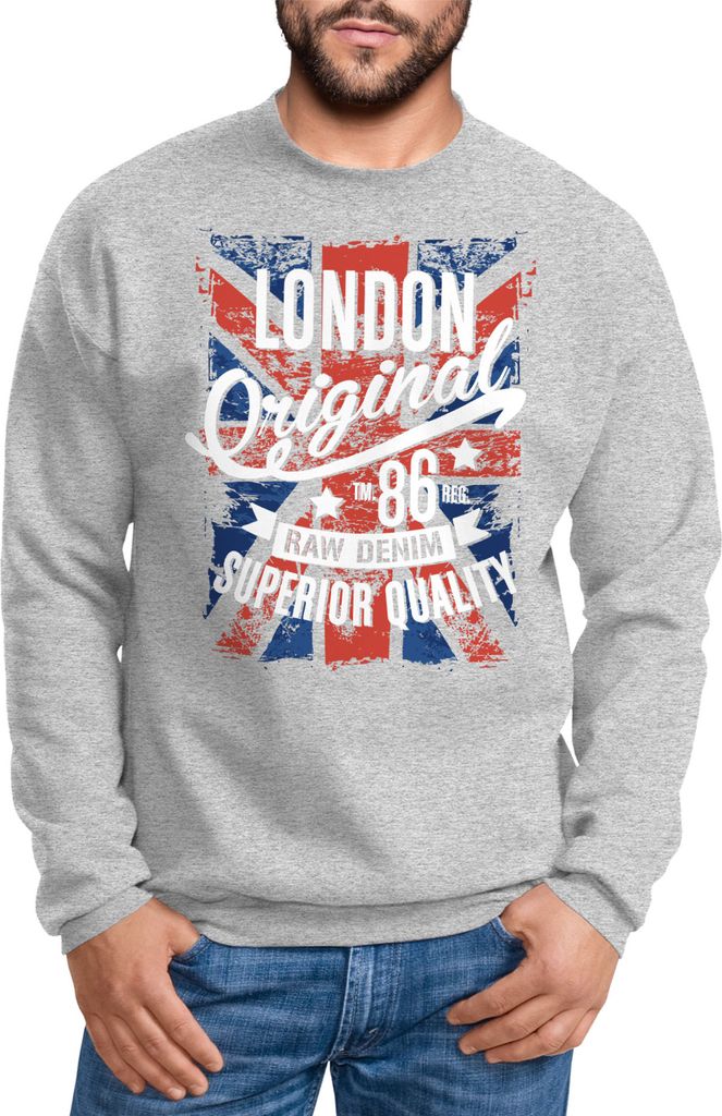 Sweatshirt Herren London Vintage England Großbritannien UK Flagge Rundhals-Pullover Neverless grau XS
