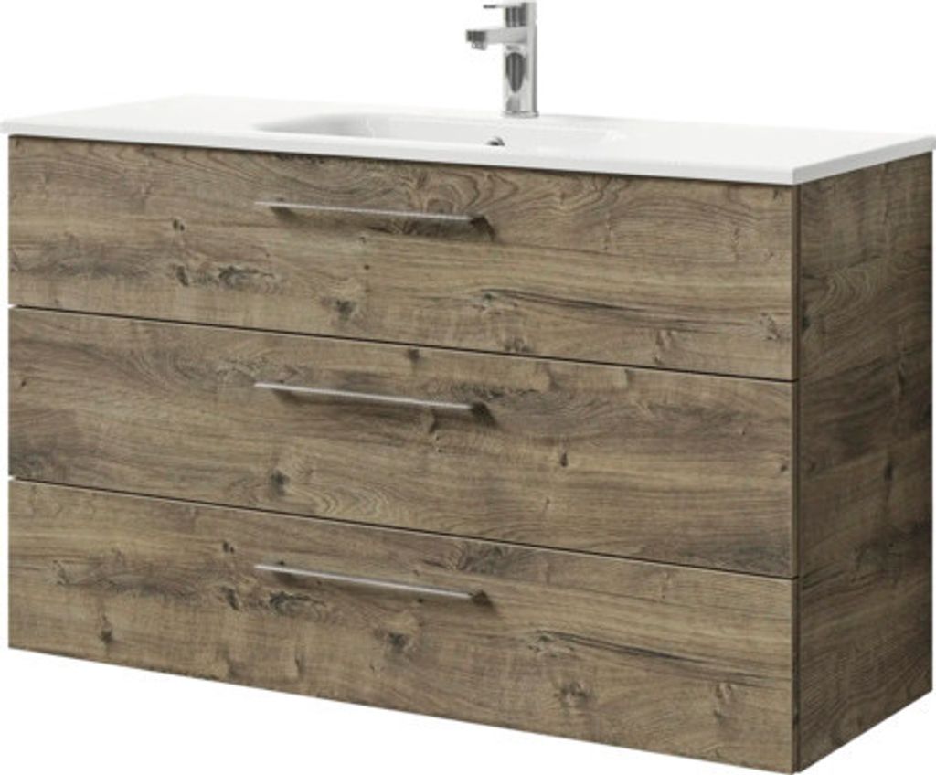 Badmöbel-Set Pelipal Sunline 121 BxHxT 121 x 50 x 46 cm Frontfarbe Eiche ribbeck mit Mineralguss-Waschtisch und Waschtis