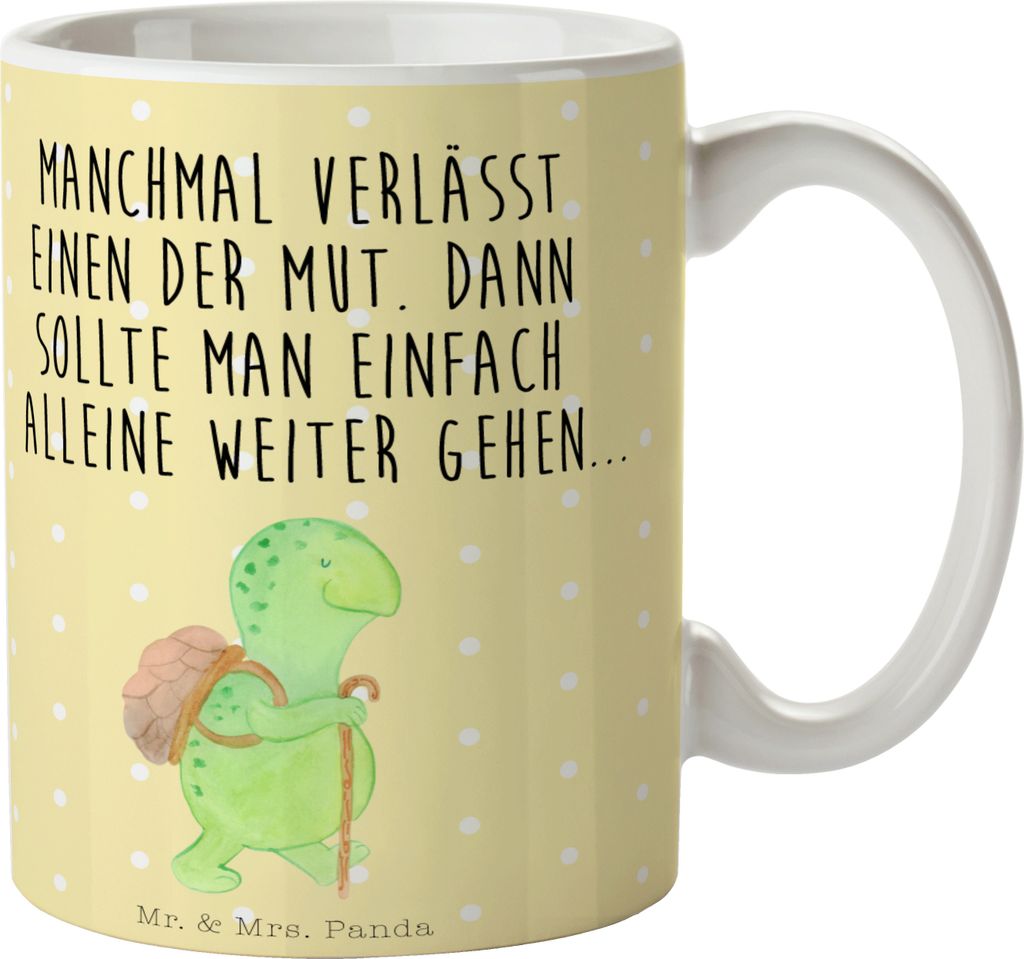 Mr. & Mrs. Panda Kaffeebecher Schildkröte Wanderer - Gelb Pastell - Geschenk, Kaffeetasse, Henkelbecher, Bedruckte Tasse, Motivationsspruch, Teeta...