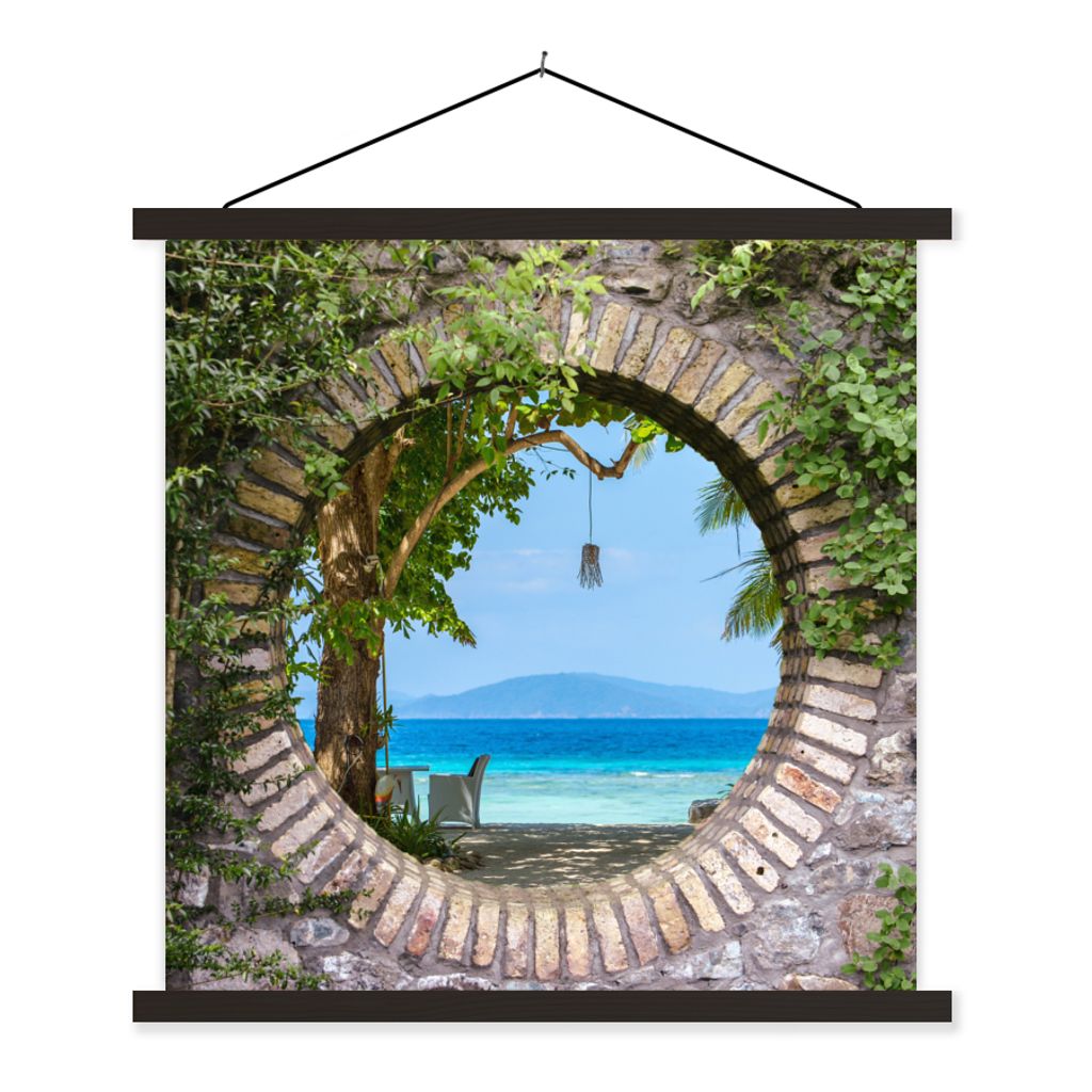MuchoWow Textilposter Strand - Durchsichtig - Tropisch - Strandkorb 120x120 cm mit schwarzem Rahmen - Aufhängungsset