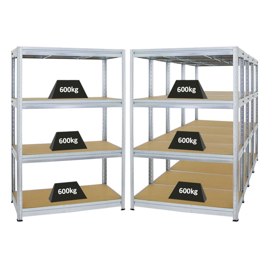 Mega Deal | 5x Schwerlastregal DINO | HxBxT 180x120x60cm | 4 MDF-Platten-Ebenen 6,5 mm | Fachlast 600kg | Verzinkt