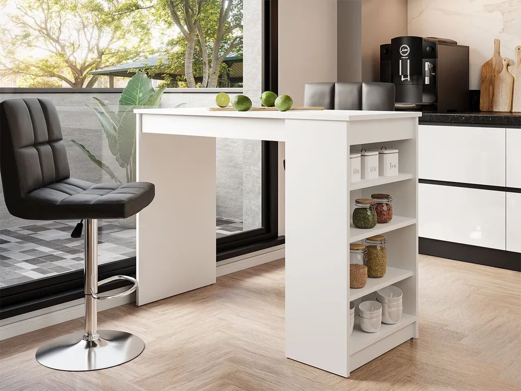 Table de comptoir élégante Zotino type mange-debout blanc avec niches