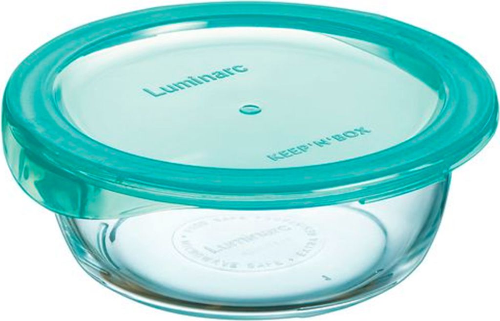 A clear glass food storage container with a teal lid.