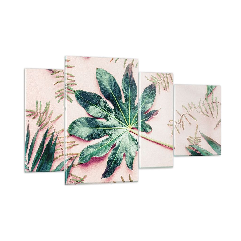 Bilder auf glas - 4 Teile - Blatt Tropisch Palme - 120x70cm - Glasbilder - Wandbilder - Bilder - zum Aufhängen bereit - Wanddekoration aus Glas - ...